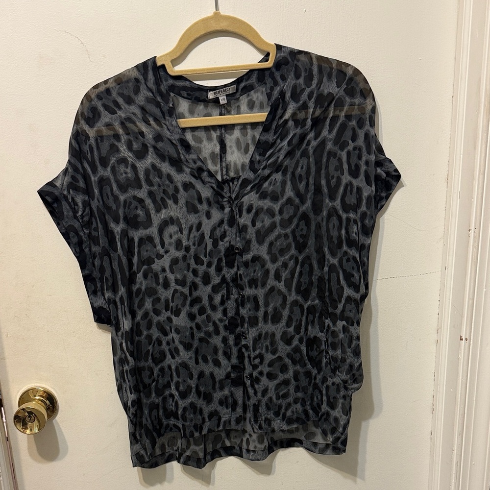 Buffalo Sheer Leopard Print Button-Up Top